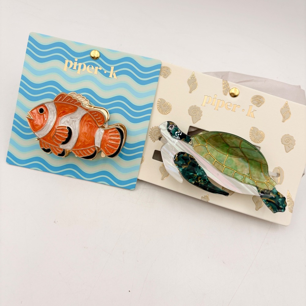 Piper K Clownfish and Sea Turtle Hair Clip Set Enamel‎ Resin Nautical Accessory